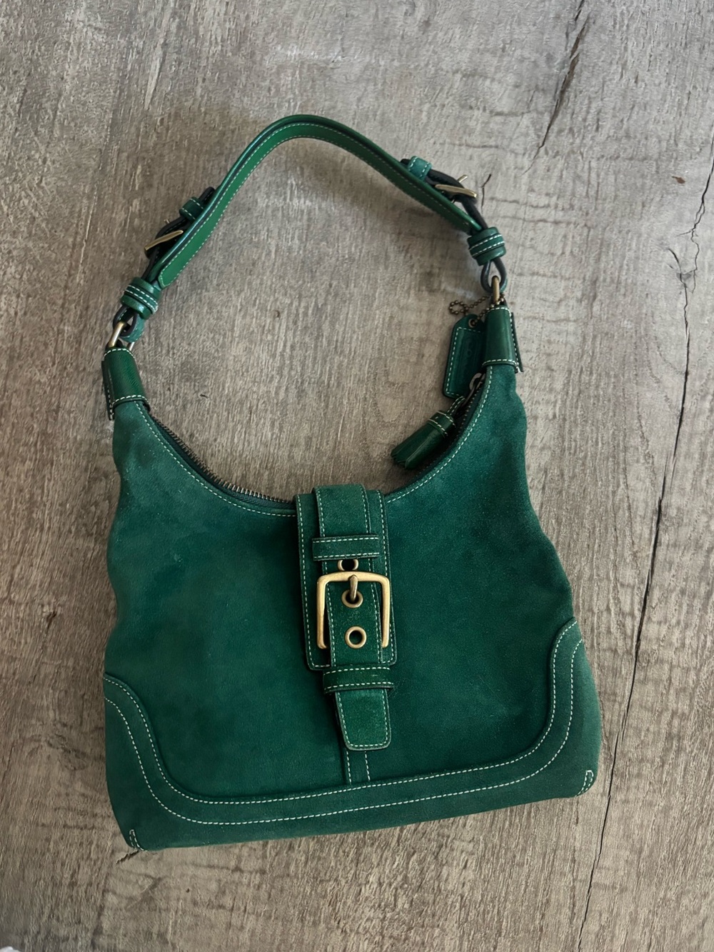 Vintage Coach Hampton Green Suede Shoulder Bag with Gold Buckle